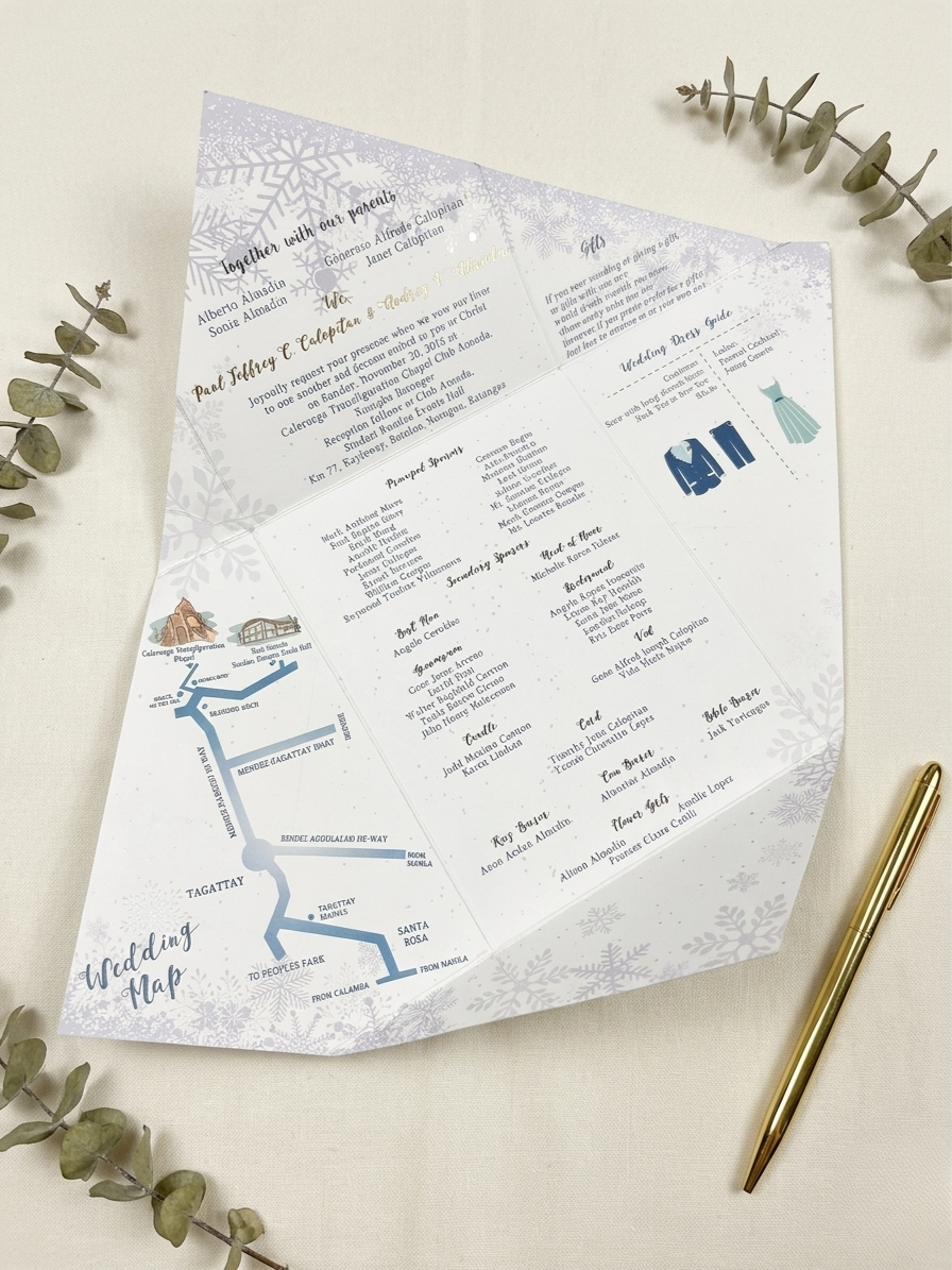 Fully customized invitation – unique hand-drawn artwork with letterpress and foil combo