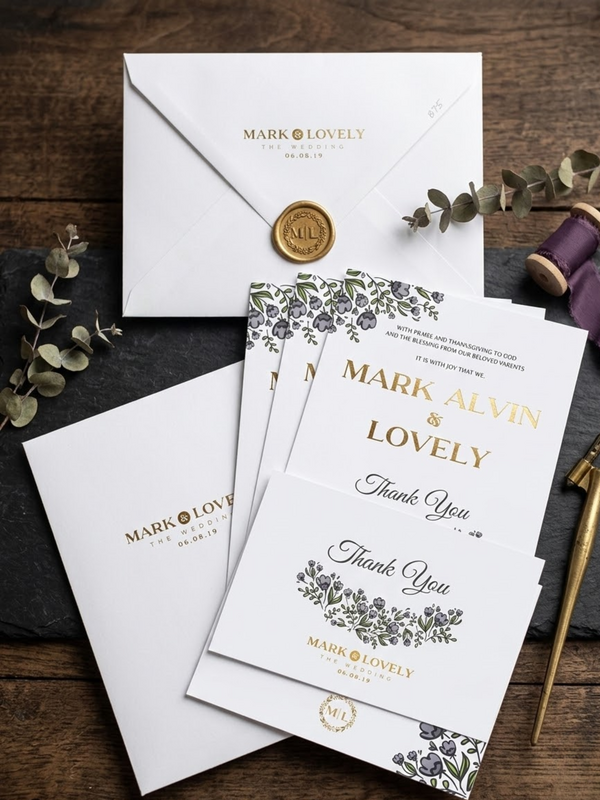 Foil stamped wedding invitation – rose gold metallic foil on premium white cardstock