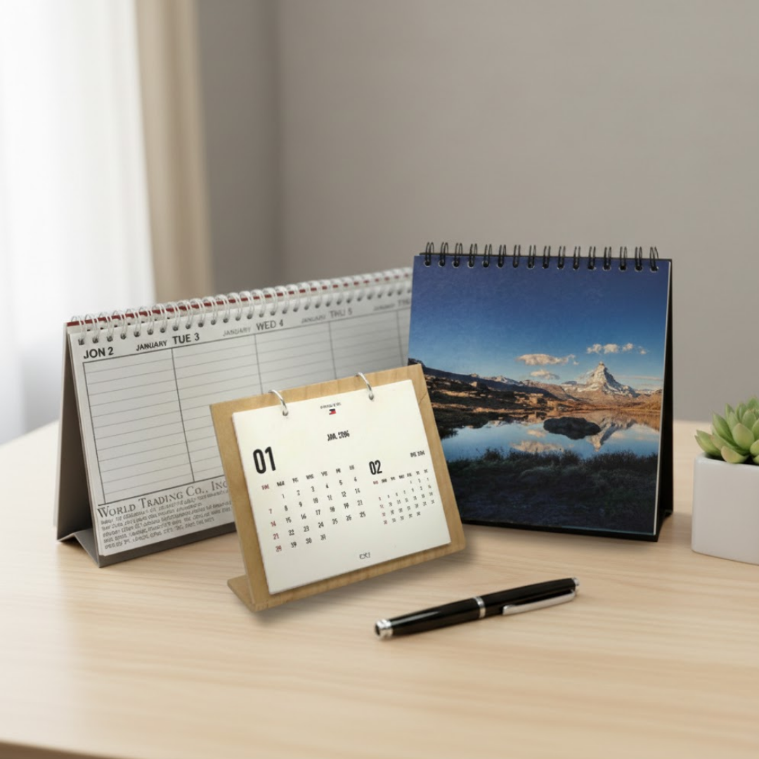 Professional custom desk calendar with built-in stand for tabletop display