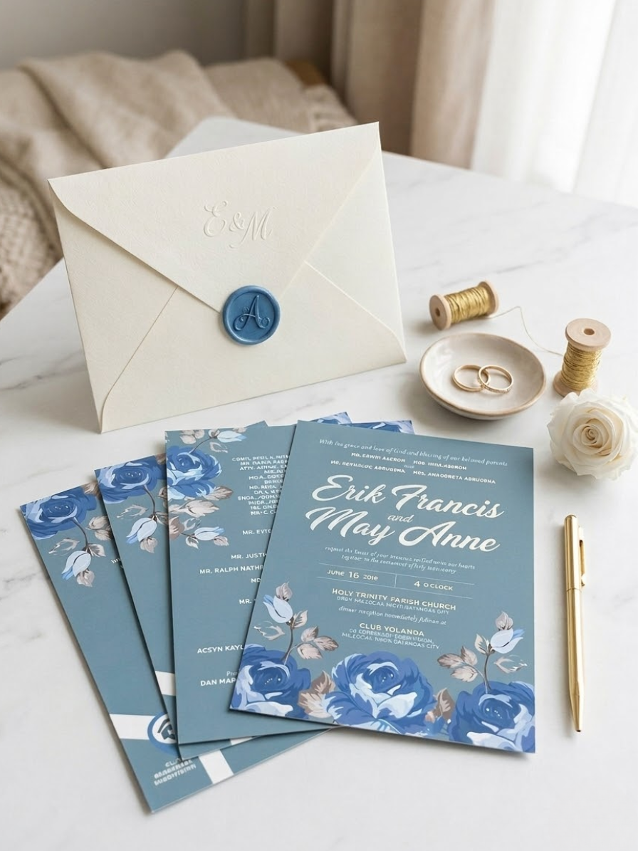 UV laminated wedding invitation – high gloss spot coating on monogram, premium card