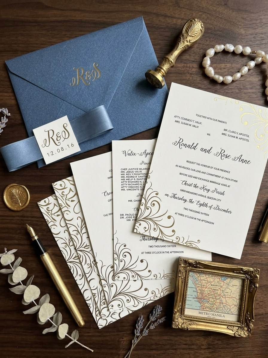 Letterpress wedding suite – deep impression on cotton paper with gold foil accents