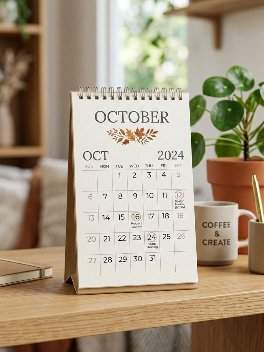 Vertical profile desk calendar with portrait-style photo display and wire-o binding